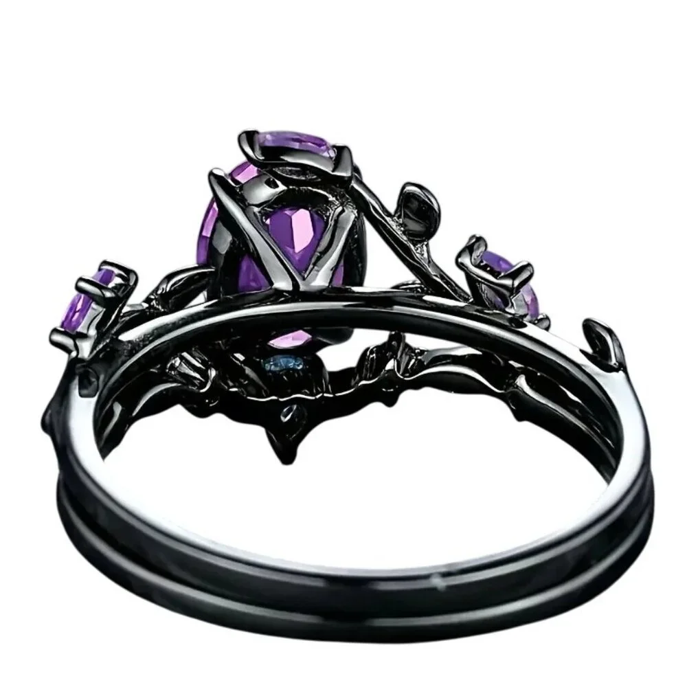 Oval Shape Amethyst Black Engagement Wedding Ring Set In Rhodium black plating